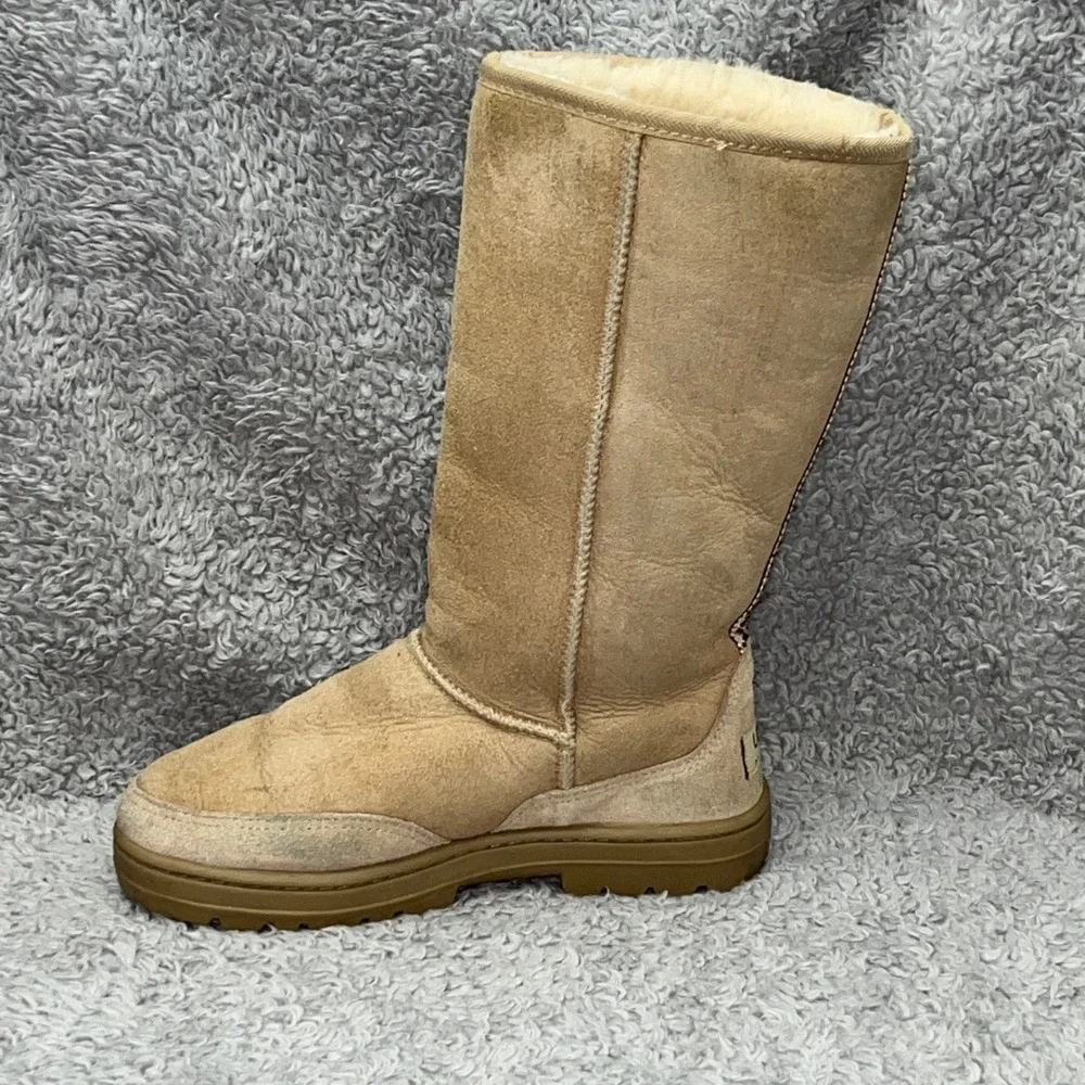 UGG Ultra Tall Boots Womens 6 Sand‎ Sheepskin Embroidered Braid 5245 Made in NZ